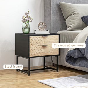 Modern bedside table with 2 drawers and steel structure, black and oak