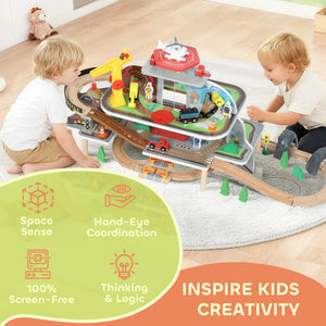 79-piece wooden mine-themed train set with crane, helicopter, tracks and accessories, for boys and girls aged 3 and up