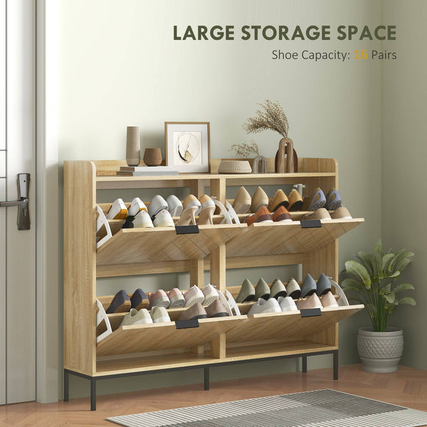 Modern and slim shoe cabinet with 4 drop-down drawers, 16 pairs of shoes, oak