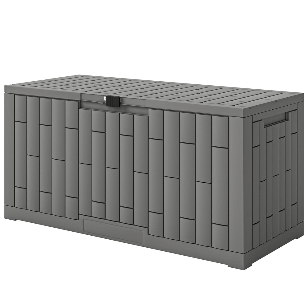 80-gallon outdoor resin storage box, lockable, splash-proof and UV-resistant.