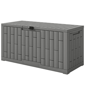 80-gallon outdoor resin storage box, lockable, splash-proof and UV-resistant.