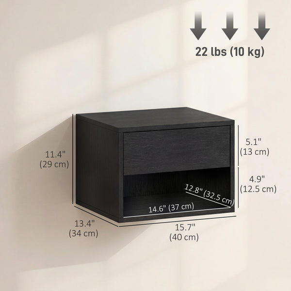 Set of 2 floating nightstands with drawer and open shelf – Black