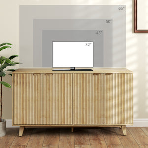 Fluted sideboard, 140 cm bar cabinet, 4 doors, 2 adjustable shelves, 5 wooden legs, natural wood