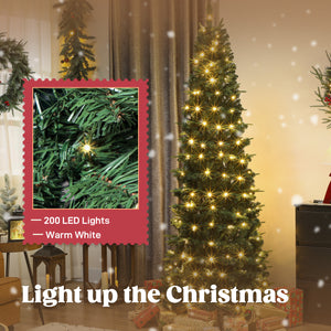 7ft collapsible artificial Christmas tree with metal stand, green, pre-lit.