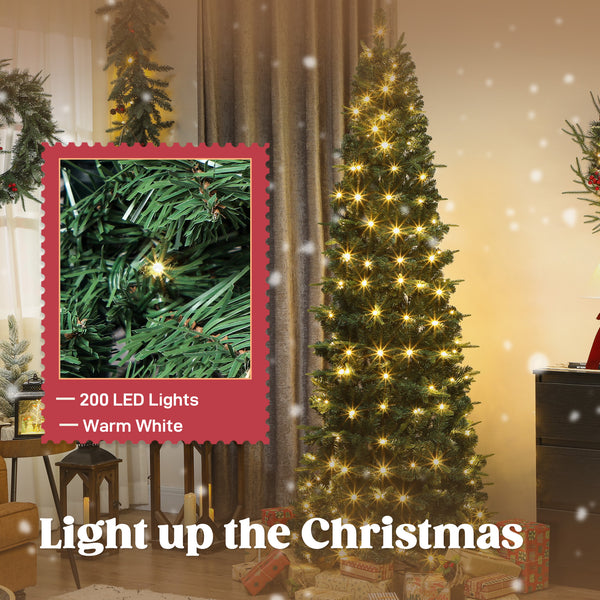 7ft collapsible artificial Christmas tree with metal stand, green, pre-lit.