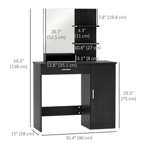Dressing table with mirror, drawer, open compartment and shelves, black