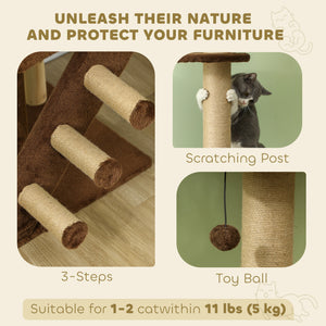 226-264cm Cat Tree with Scratching Post, 3 Steps, Hanging Ball, Brown 