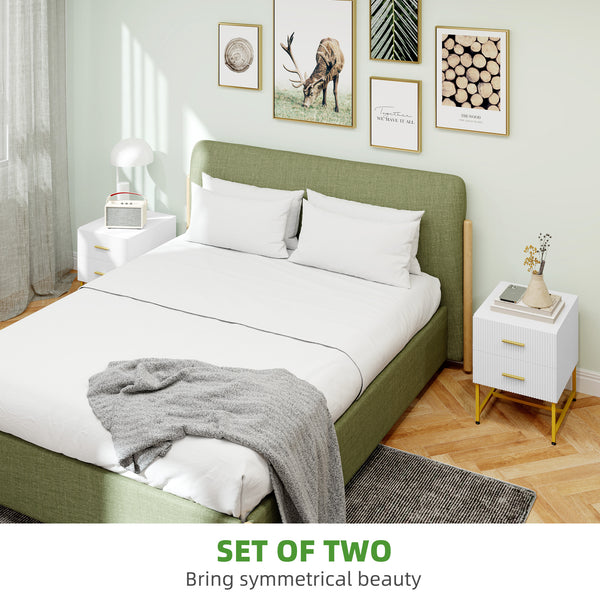 Set of 2 modern bedside tables with 2 fluted drawers and gold legs, white