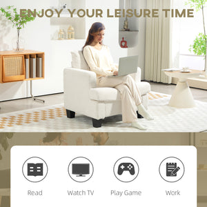 Modern chenille upholstered armchair with wooden frame and back cushion, cream white