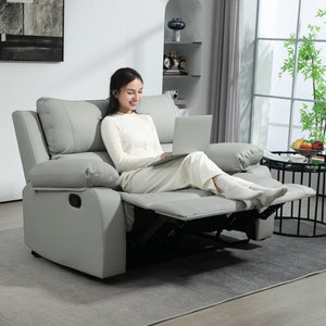Manual Reclining Faux Leather Sofa with Footrest, Light Grey