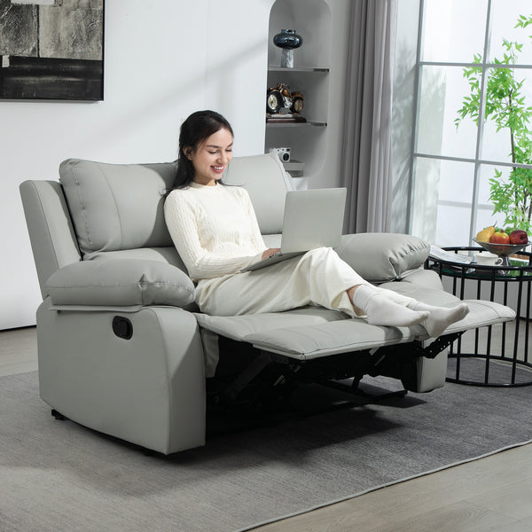 Manual Reclining Faux Leather Sofa with Footrest, Light Grey