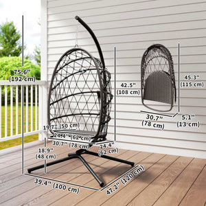 Suspended armchair with stand, in woven rattan with thick cushion and safety rope, brown