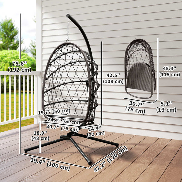Suspended armchair with stand, in woven rattan with thick cushion and safety rope, brown