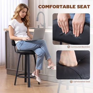 Set of 2 upholstered bar stools with footrest and backrest for kitchen counter, black