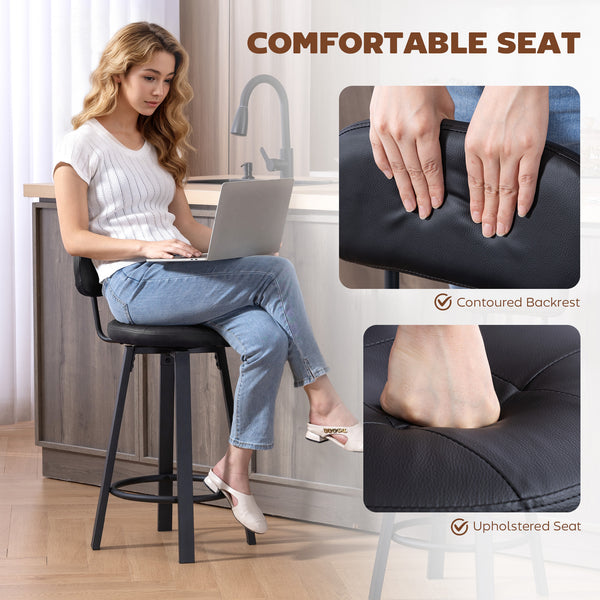Set of 2 upholstered bar stools with footrest and backrest for kitchen counter, black