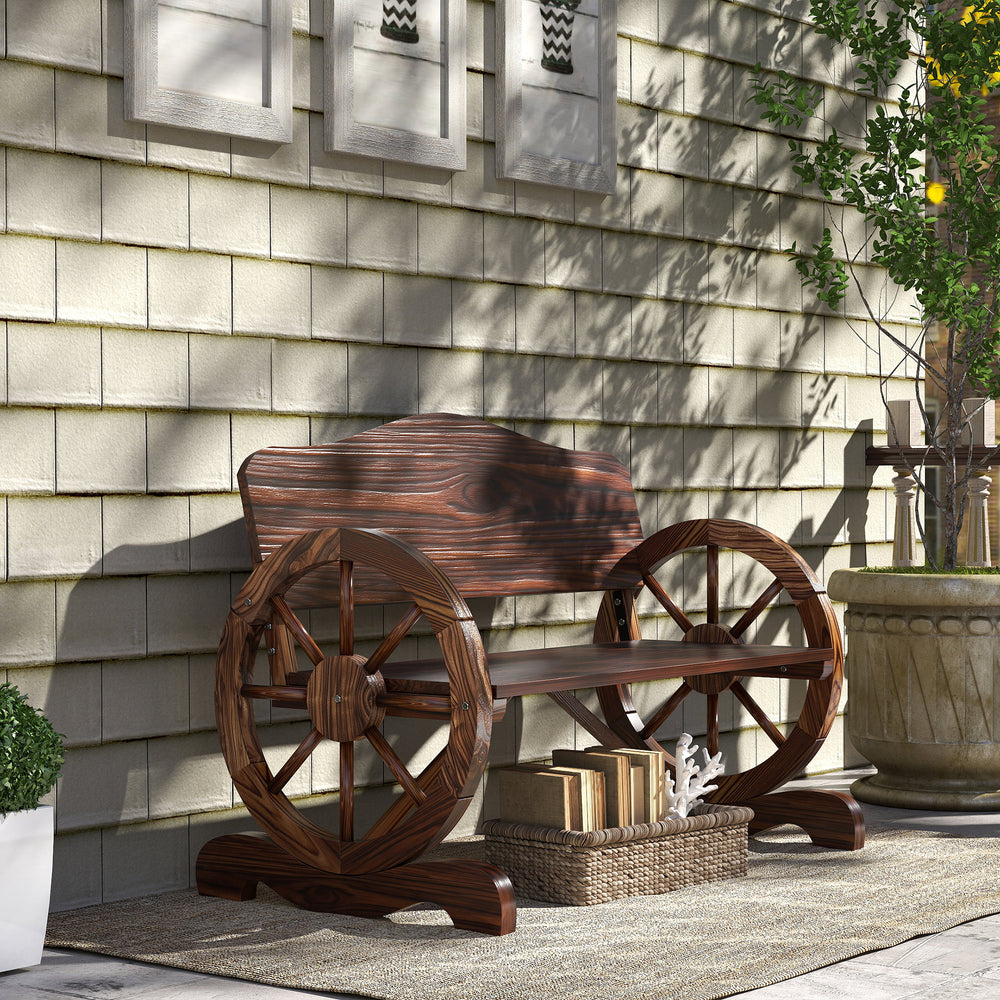 Two-seater wooden outdoor bench with wagon wheel shaped armrests