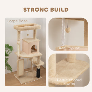 132cm Cat Tree with Scratching Posts, Basket, Kennel and Grooming Brush, Beige
