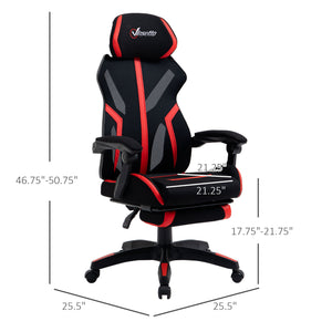 Ergonomic gaming chair with footrest, black and red.