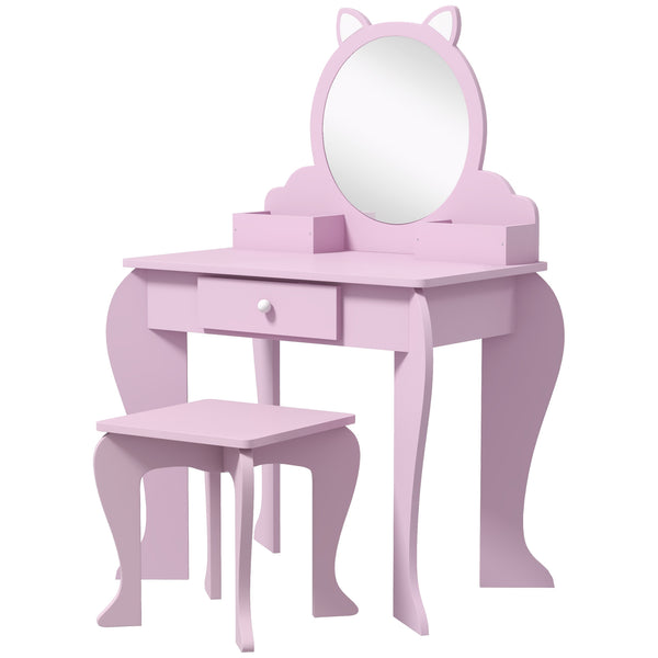 Dressing table with mirror and stool, cat motif, pink