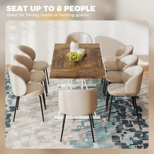 Farmhouse style kitchen table for 8 people, rectangular with thick top and steel trestle legs, brown and white