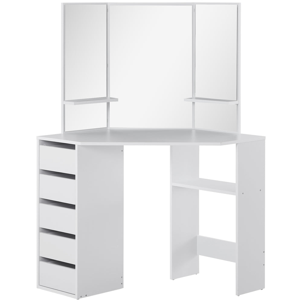 Corner dressing table with 3-piece mirror and 5 drawers, white