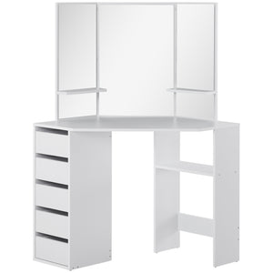 Corner dressing table with 3-piece mirror and 5 drawers, white