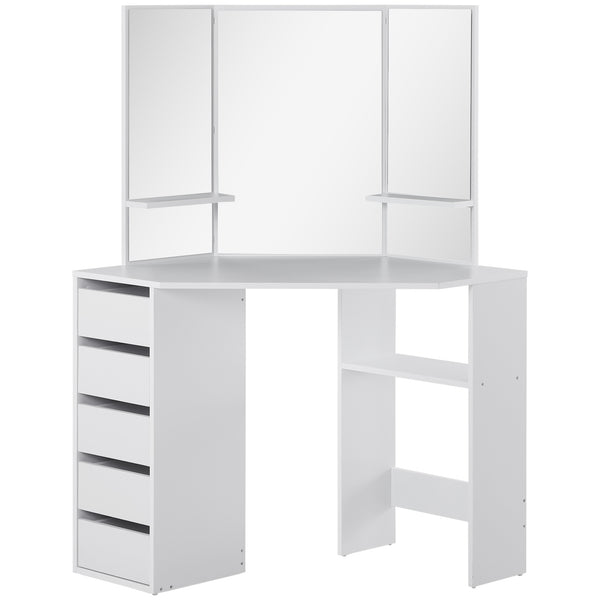 Corner dressing table with 3-piece mirror and 5 drawers, white