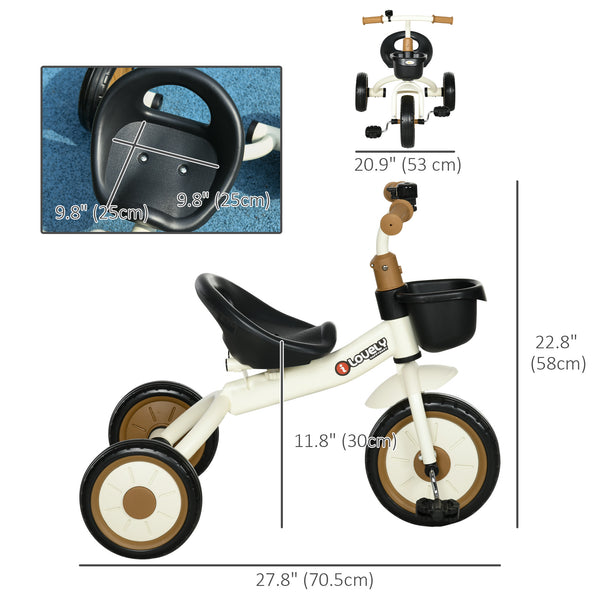 Tricycle with adjustable seat, basket, bell, white