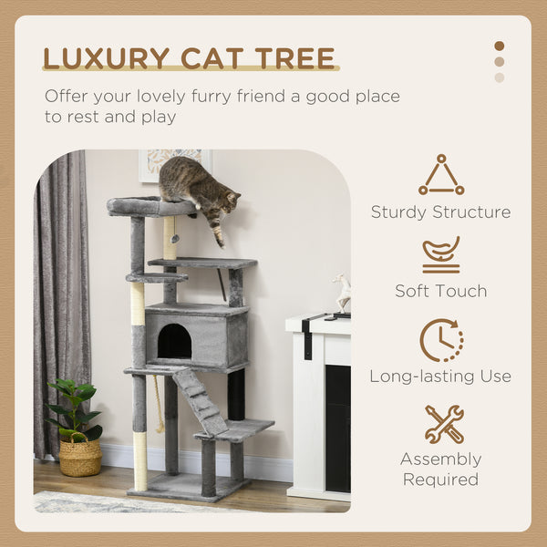 147cm tall cat tree with scratching posts, large indoor cat tower with bed, hideaway and toys, grey