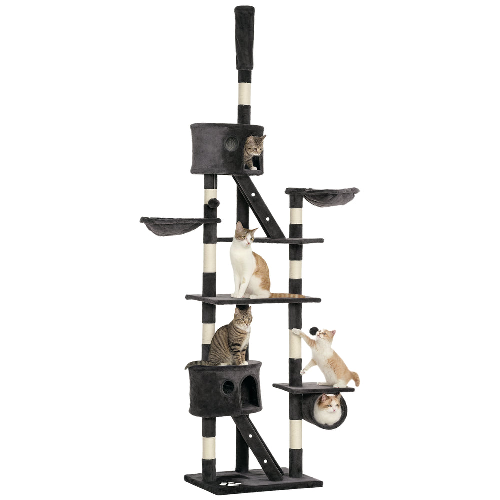 Adjustable cat tree from 240 to 250 cm, ceiling height, scratching post, activity center, gray