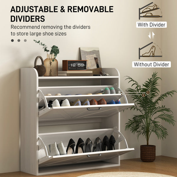 Farmhouse Style Shoe Cabinet with 2 Drop-Down Drawers, Adjustable Shelves, White Oak