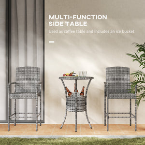 3 Piece Patio Bar Set, Rattan Bistro Table and Chairs, Grey Blend