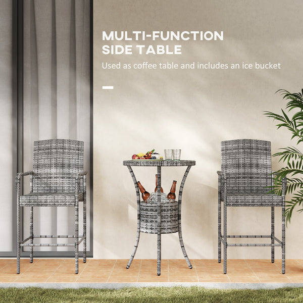 3 Piece Patio Bar Set, Rattan Bistro Table and Chairs, Grey Blend