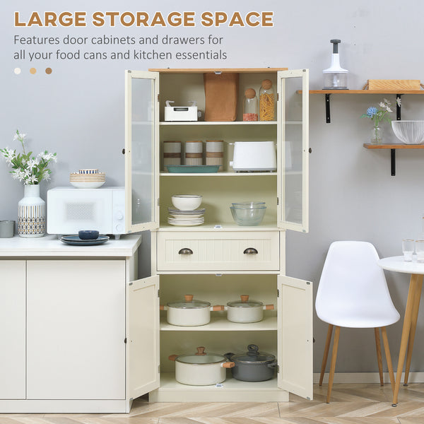 Storage unit with glass doors, drawer and adjustable shelves, cream white