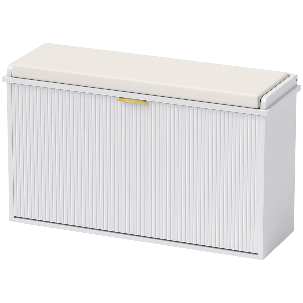 Banc d'entrée blanc avec assise rembourrée et tiroirs rabattables pour rangement de 8 paires de chaussures