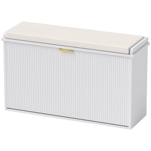 Hallway bench with upholstered seat and drop-down drawers, white