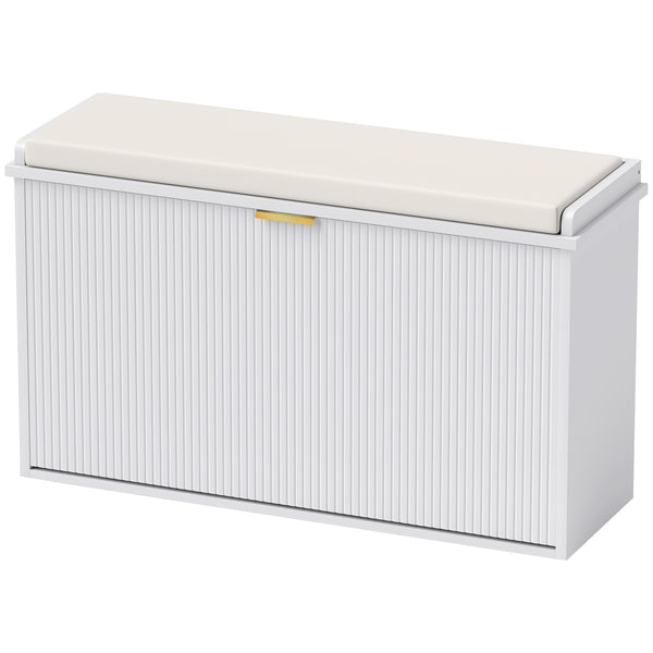 Hallway bench with upholstered seat and drop-down drawers, white