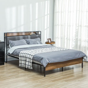 Double Bed Frame with Charging Station, Upholstered Headboard and Storage Shelf, Walnut