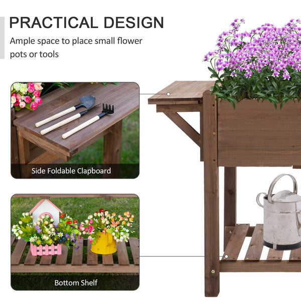 Raised garden bed with 8 compartments and storage shelf, brown