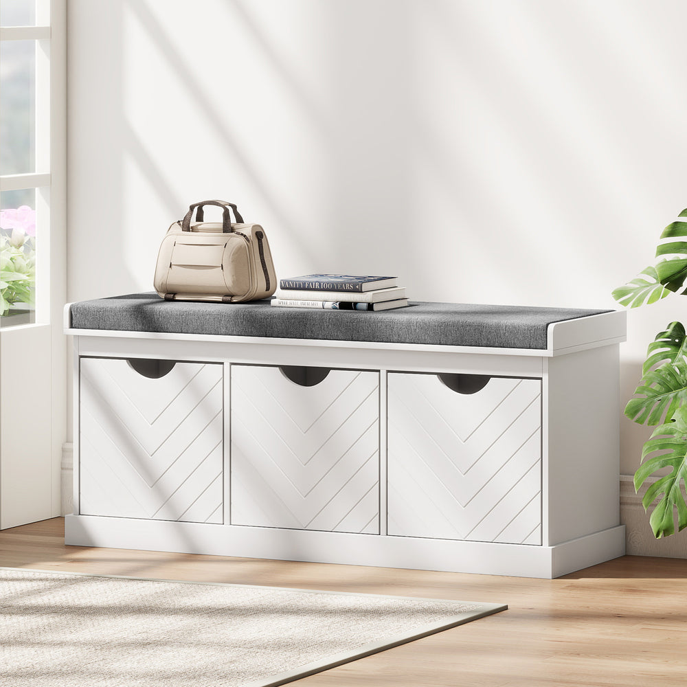 Entryway bench with 3 removable drawers and padded seat cushion, white