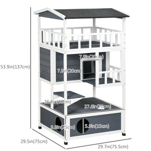 Four-story wooden cat house with cat cave and perch, grey