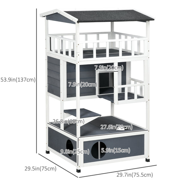 Four-story wooden cat house with cat cave and perch, grey