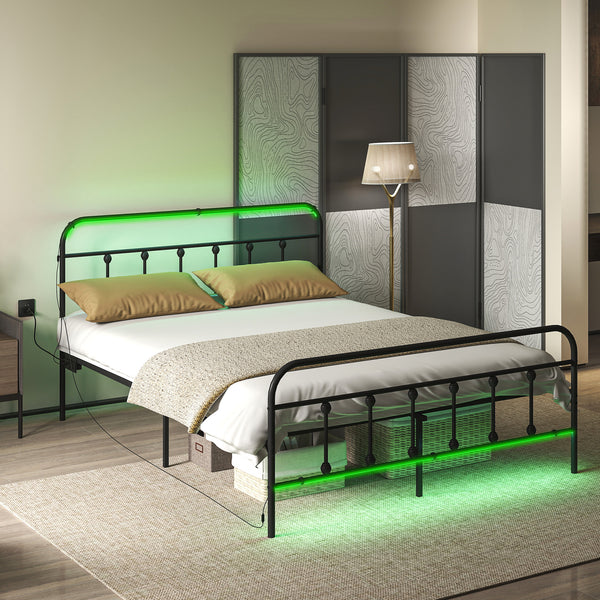 Queen Size Bed Frame with LED Lighting and Charging Station, Black