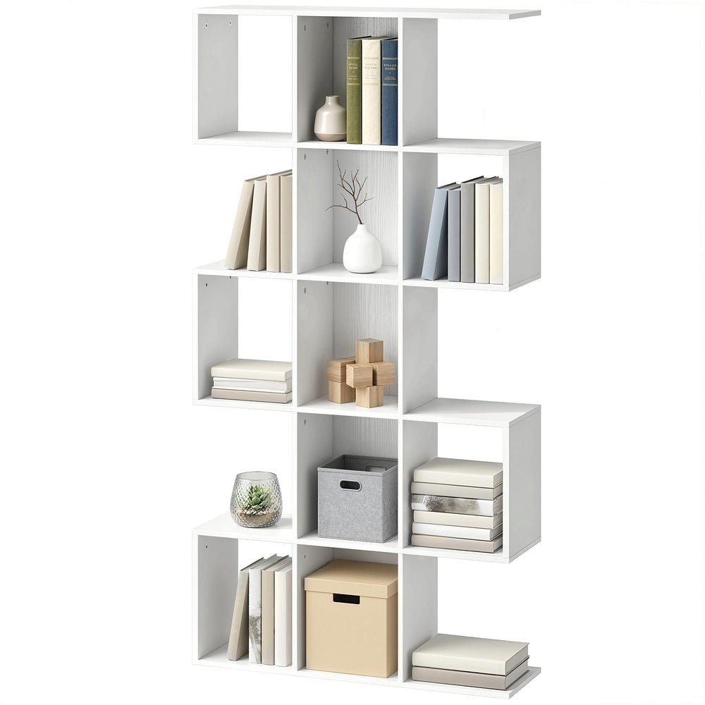 5-Tier S-Shaped Geometric Bookshelf with 15 Compartments, White Wood Look