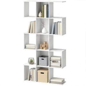 5-Tier S-Shaped Geometric Bookshelf with 15 Compartments, White Wood Look