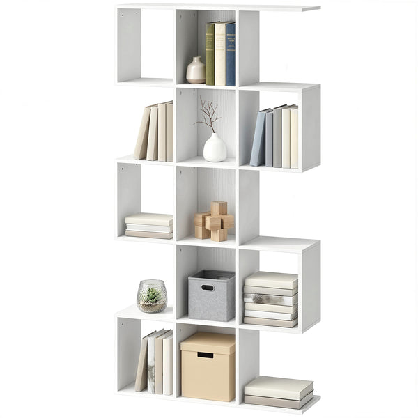 5-Tier S-Shaped Geometric Bookshelf with 15 Compartments, White Wood Look