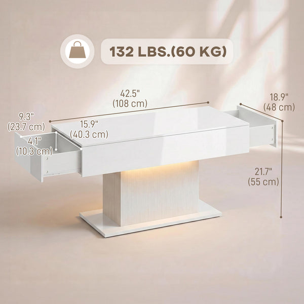 LED Coffee Table with Storage, High Gloss with 2 Drawers and Remote Control for Living Room, White