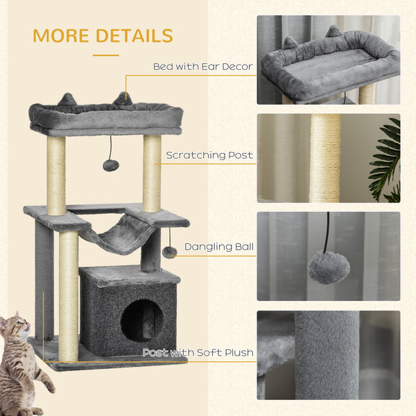 39.25" Multi-Level Cat Tree with Scratching Post, Hammock, Bed, Ball, Toy - Grey