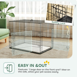 35" Dog Crate with 2 Doors, Folding Metal Dog Cage with Soft Cushion, Removable Tray, Handle, Black