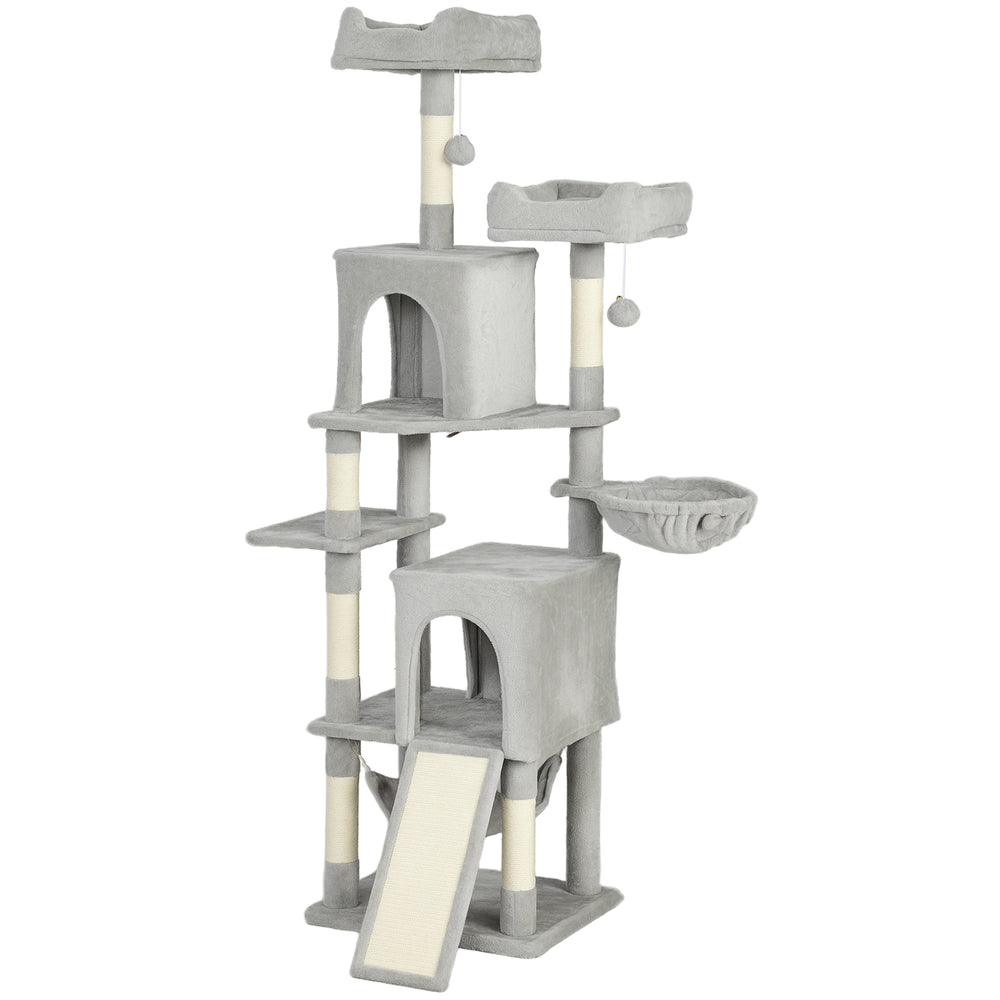 178cm Multi-Level Cat Tree with 2 Cabins, 2 Beds, Hammock, Play Balls, Light Grey